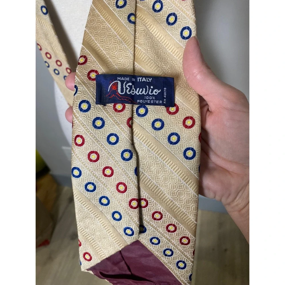 Vintage 70s Vesuvio Italy Mens Necktie Gold Red Blue Geometric Circle Stripe Tie